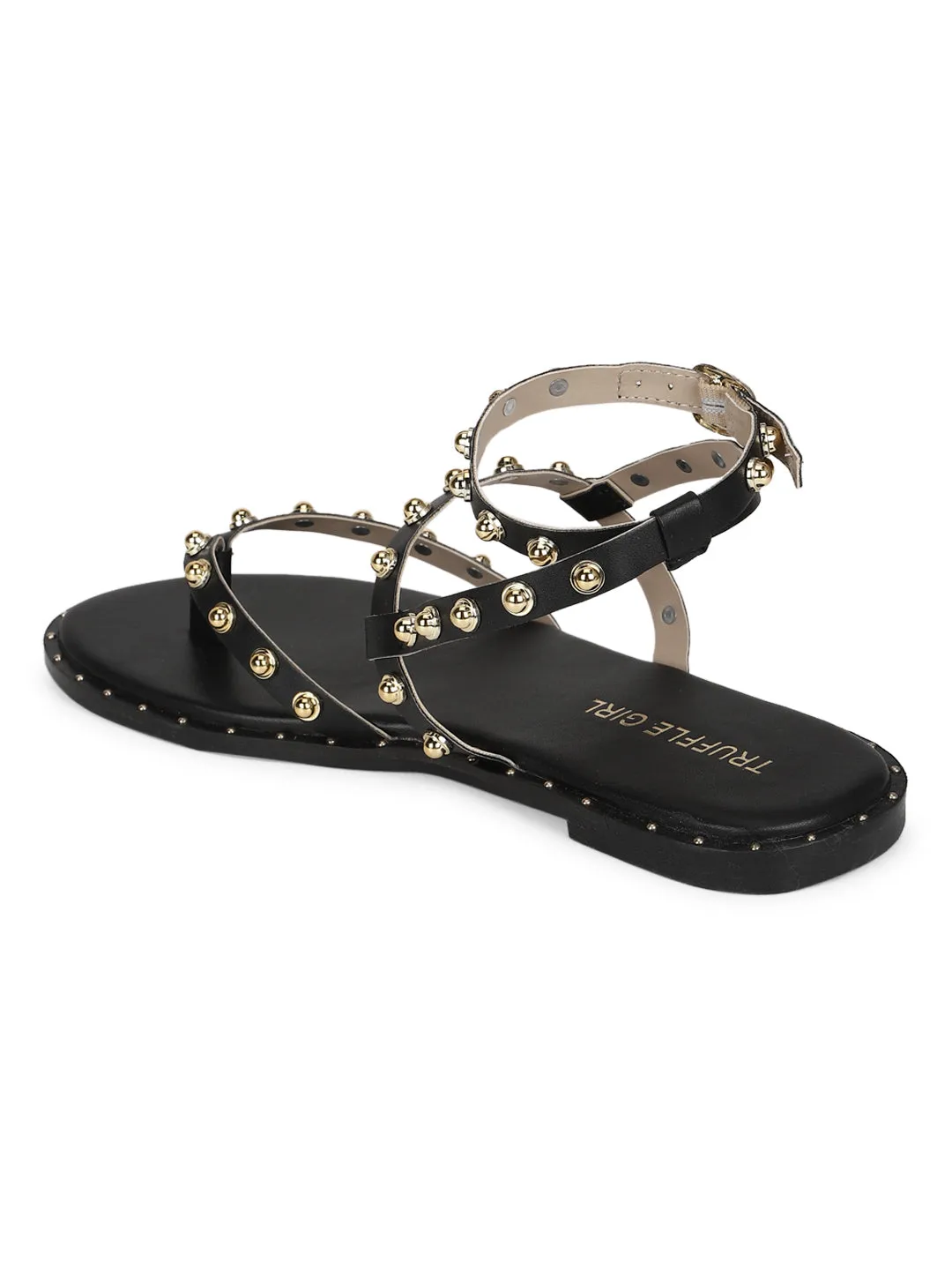 Black PU Studded Flat Sandals (TC-ST-1209-BLK)