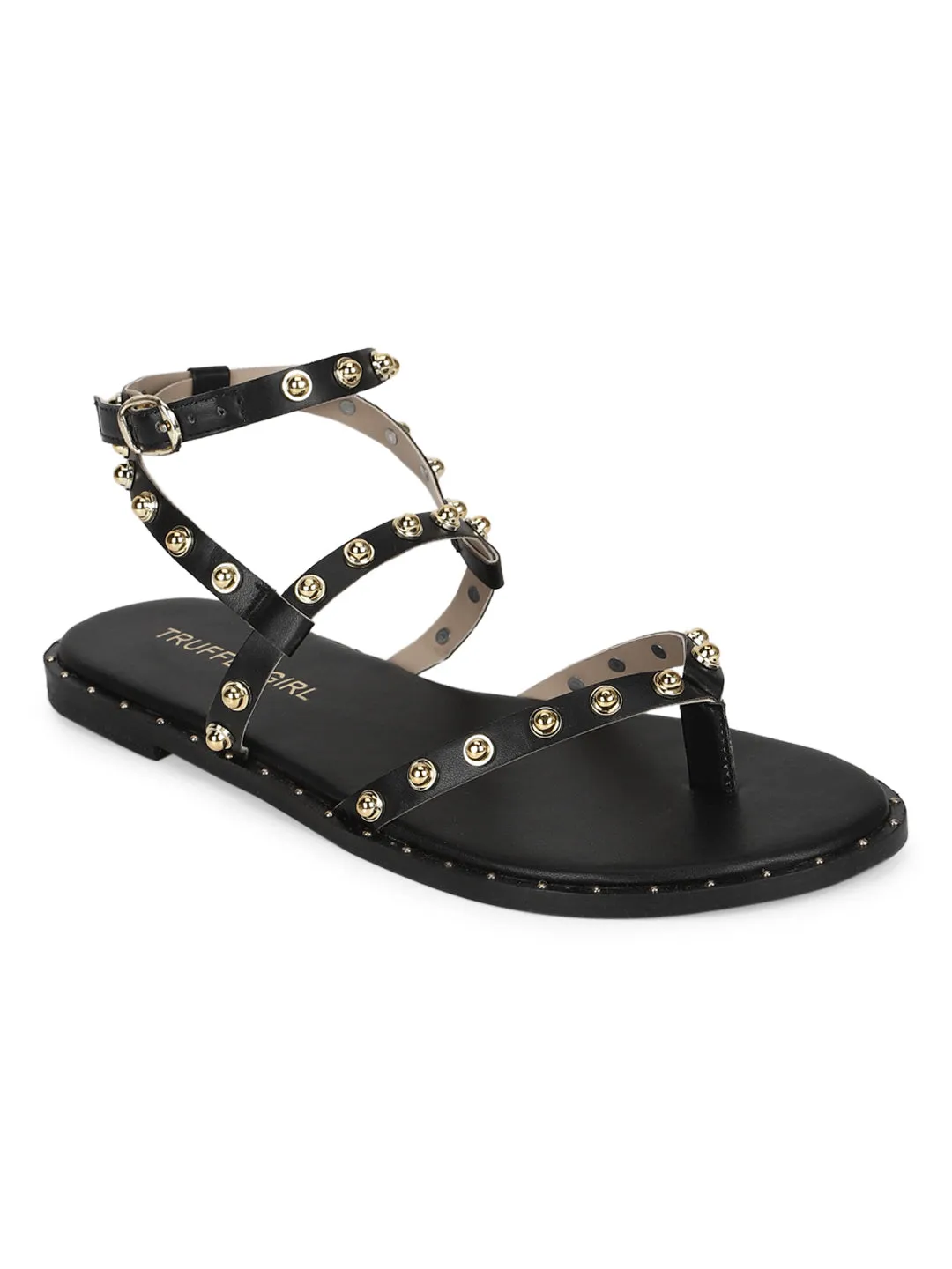 Black PU Studded Flat Sandals (TC-ST-1209-BLK)