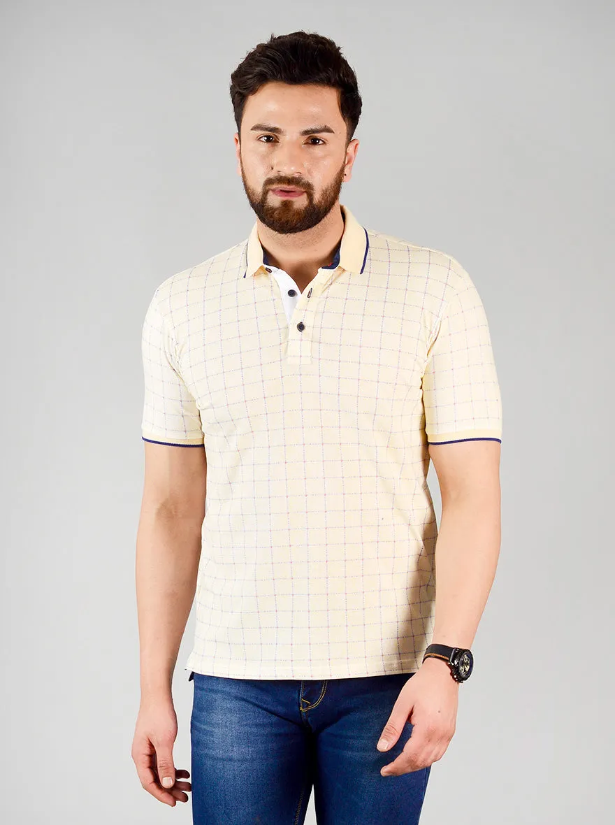 Pale Banana Yellow Printed Slim Fit Polo T-shirt | JadeBlue