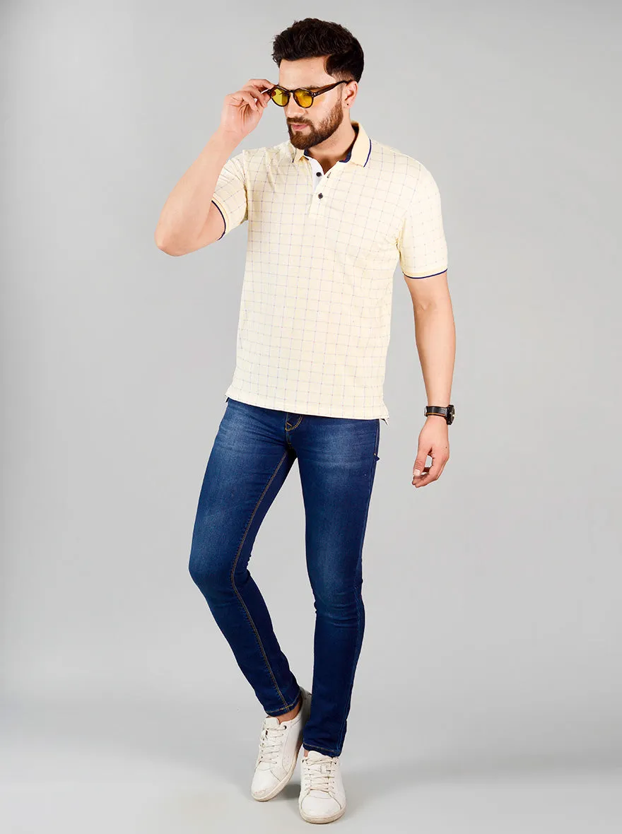 Pale Banana Yellow Printed Slim Fit Polo T-shirt | JadeBlue